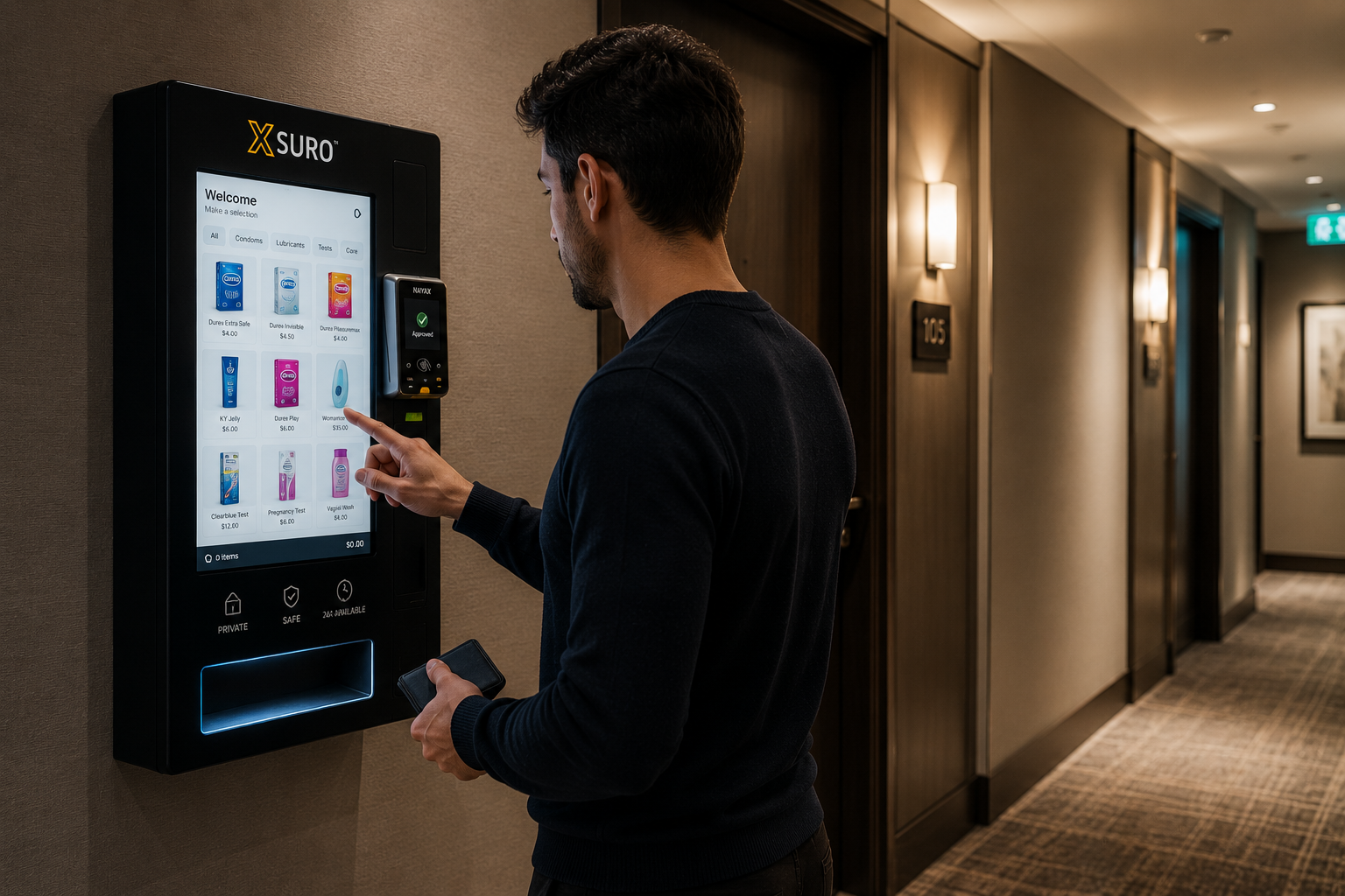Guest using an XSURO vending machine in a hotel hallway