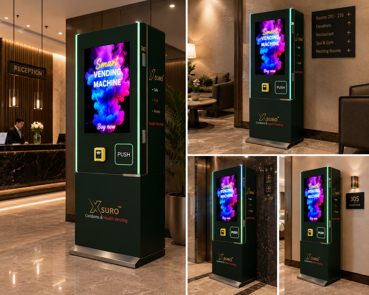 Premium XSURO smart vending machine in a luxury hotel lobby