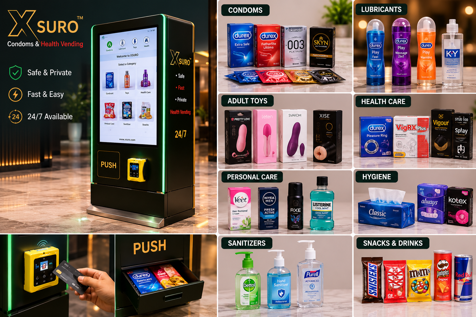 XSURO product selection grid showing wellness, personal care, and travel essentials