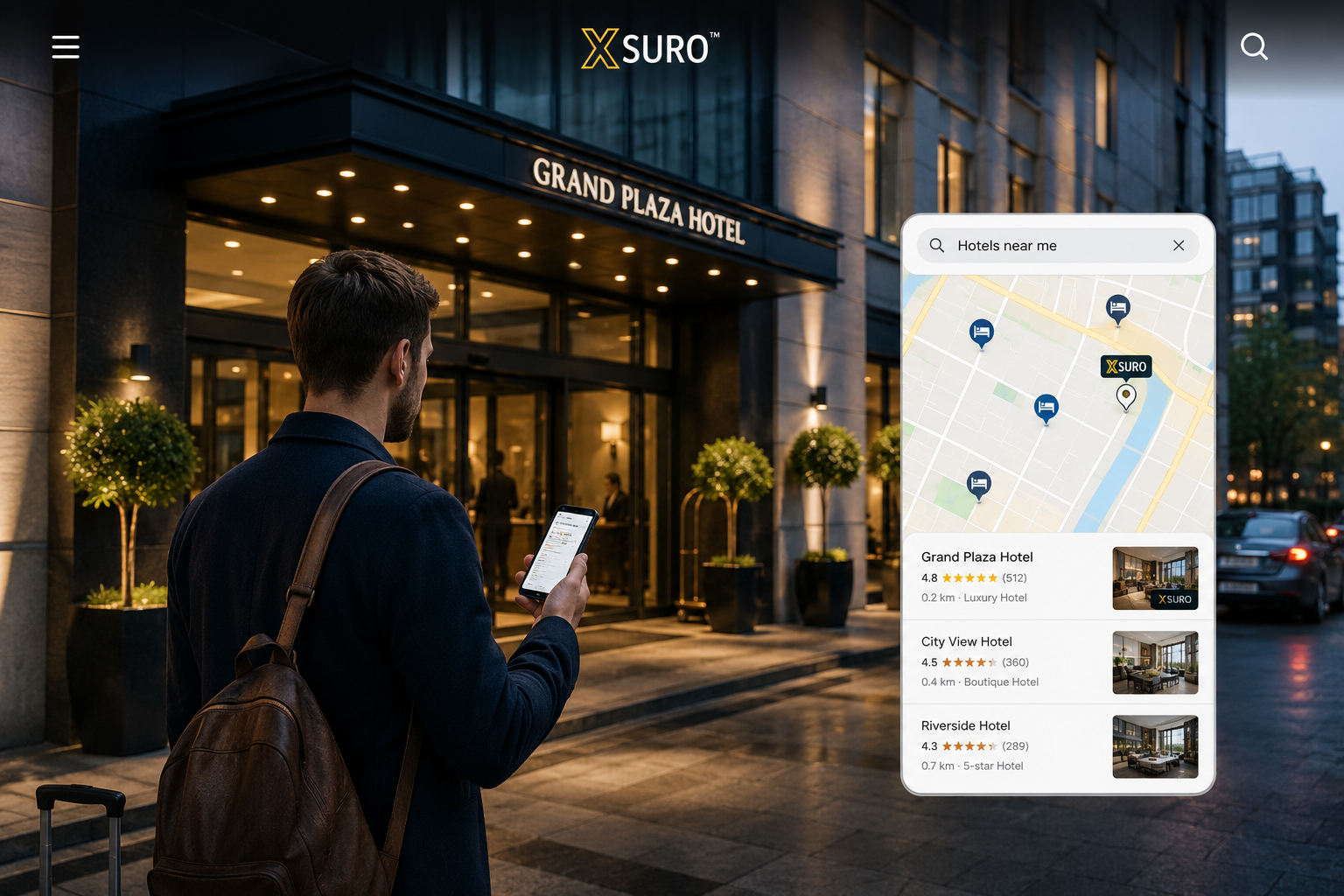 Traveler locating an XSURO-enabled hotel on a mobile discovery interface
